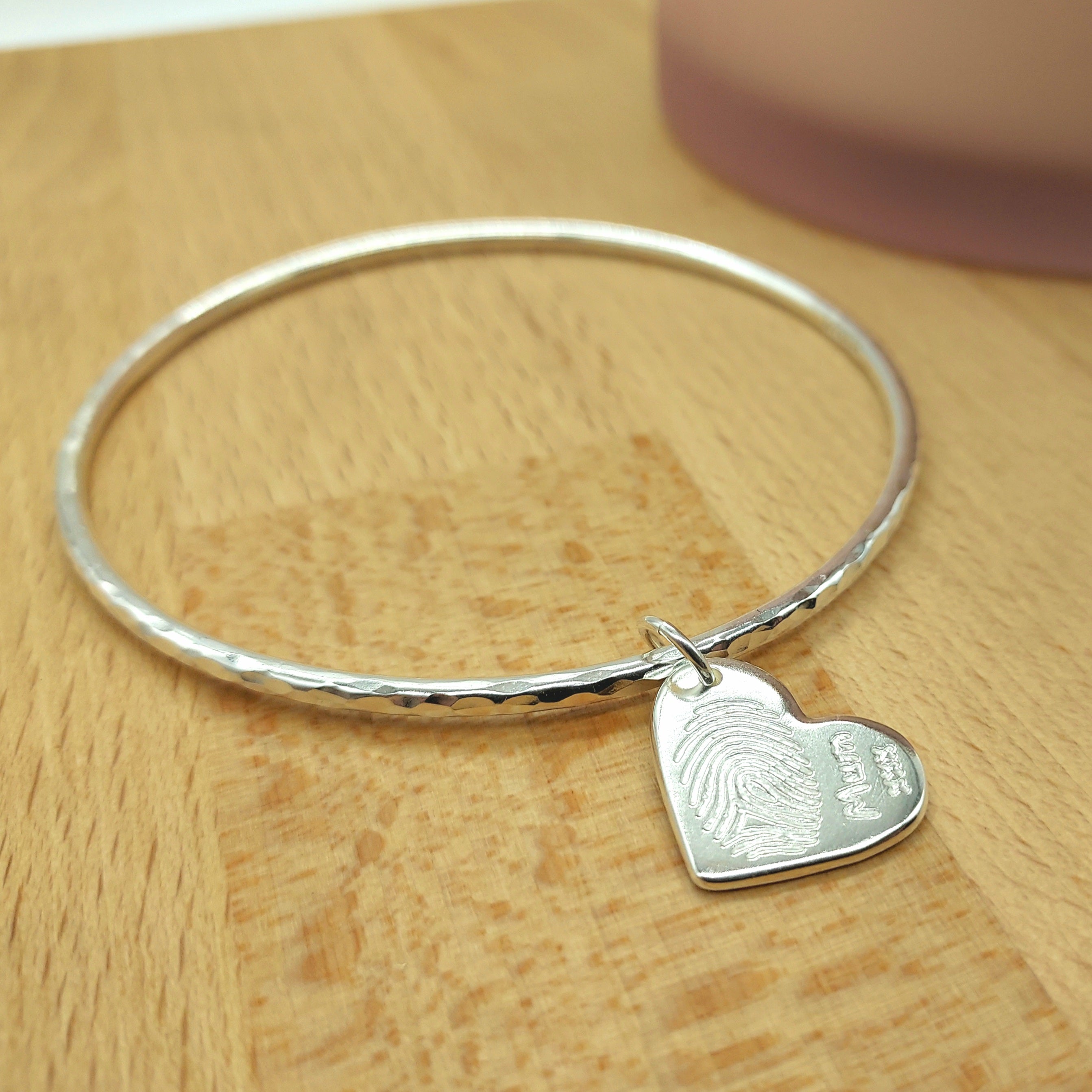 Belle & Bee Midi Sterling silver bangle with heart shaped fingerprint charm