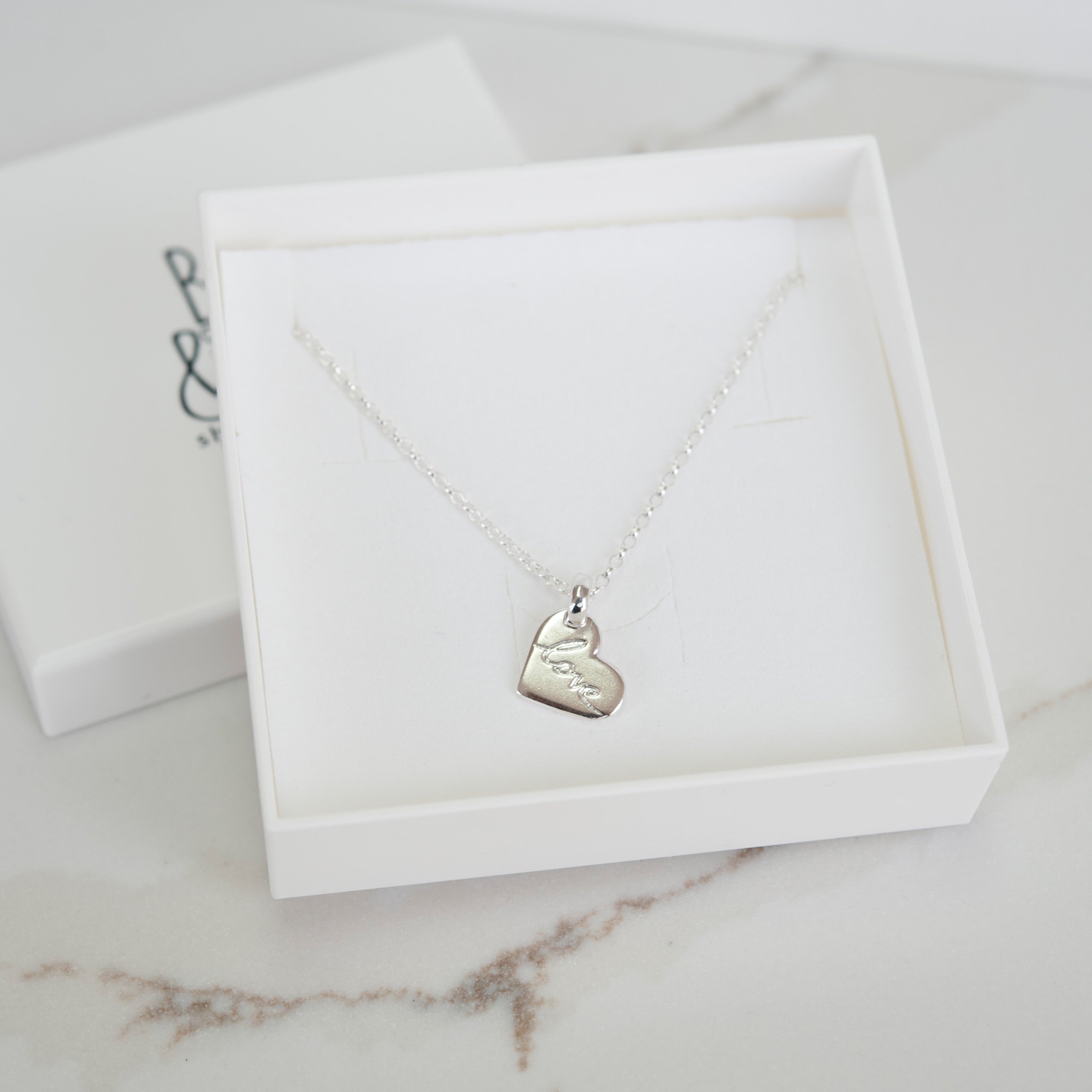 Sterling Silver  Delicate Belcher Chain Necklace with Love Writing Charm