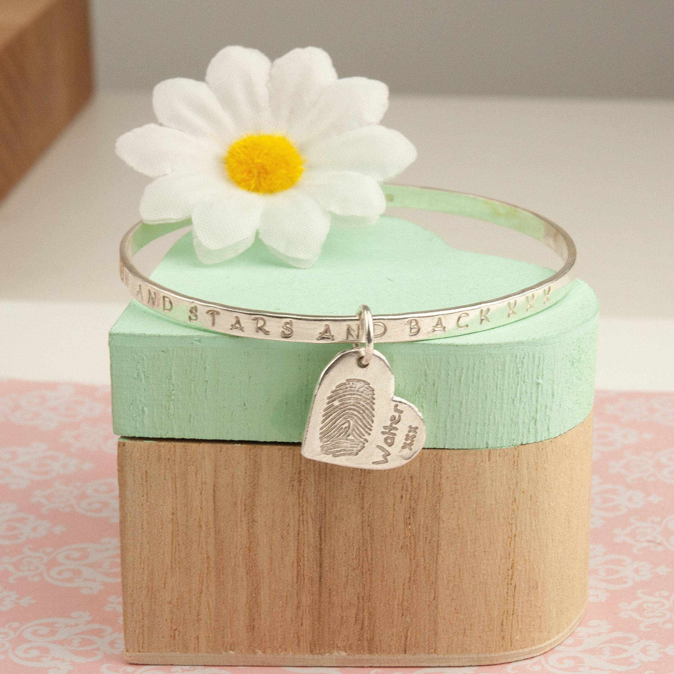 Belle & Bee sterling silver message bangle with fingerprint charm