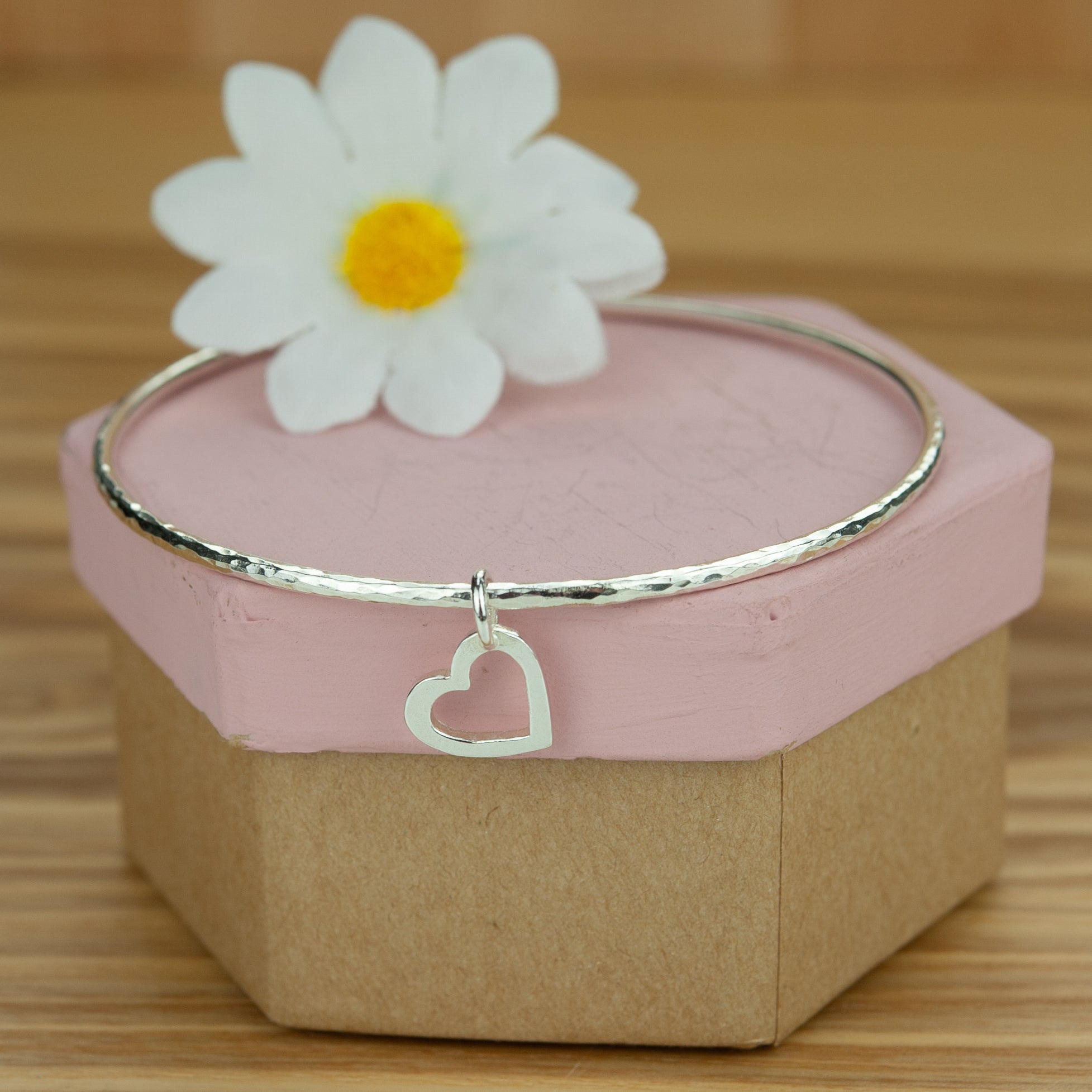 Sterling Silver Hammered Bangle with Mini Open Heart Charm