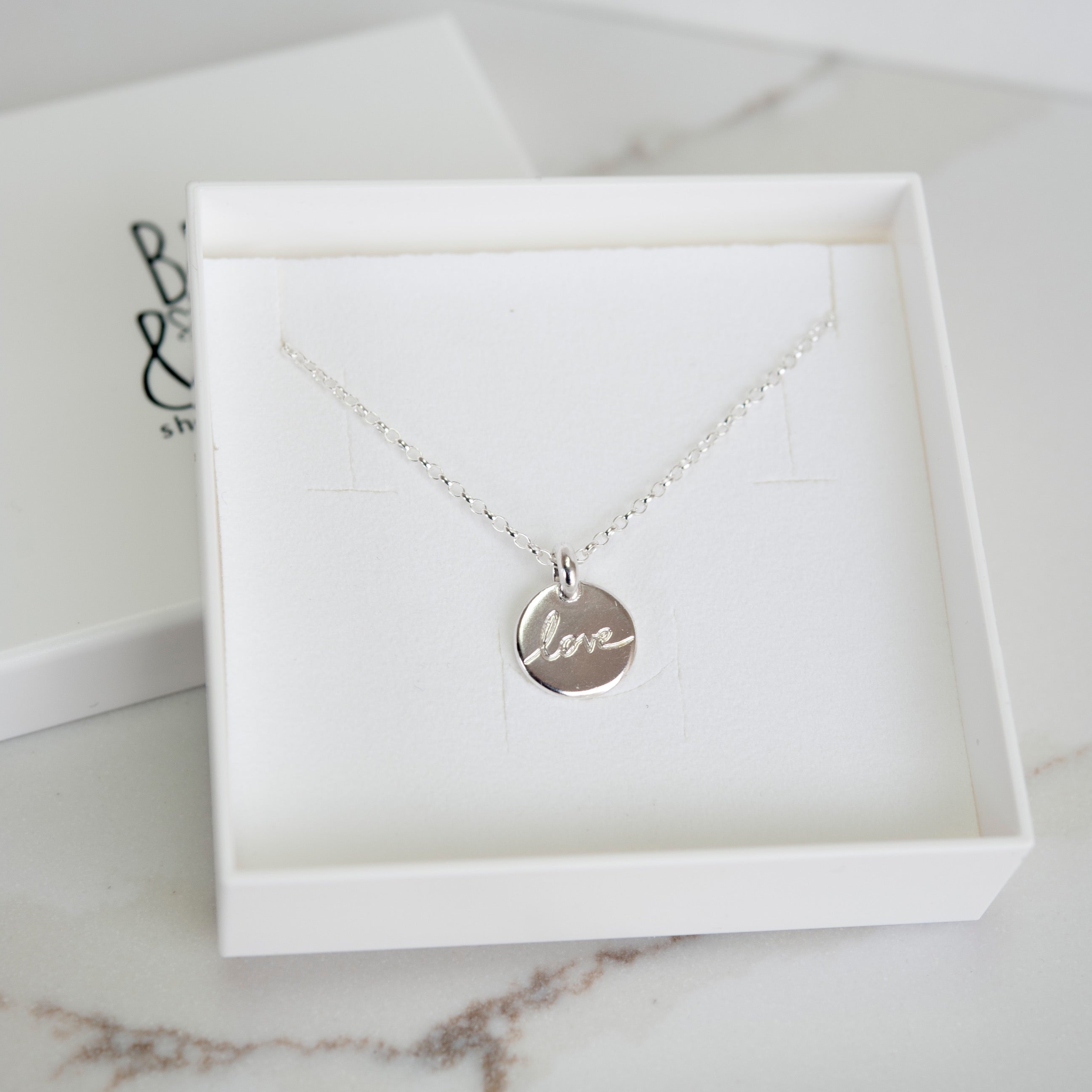 Sterling Silver  Delicate Belcher Chain Necklace with Love Writing Charm