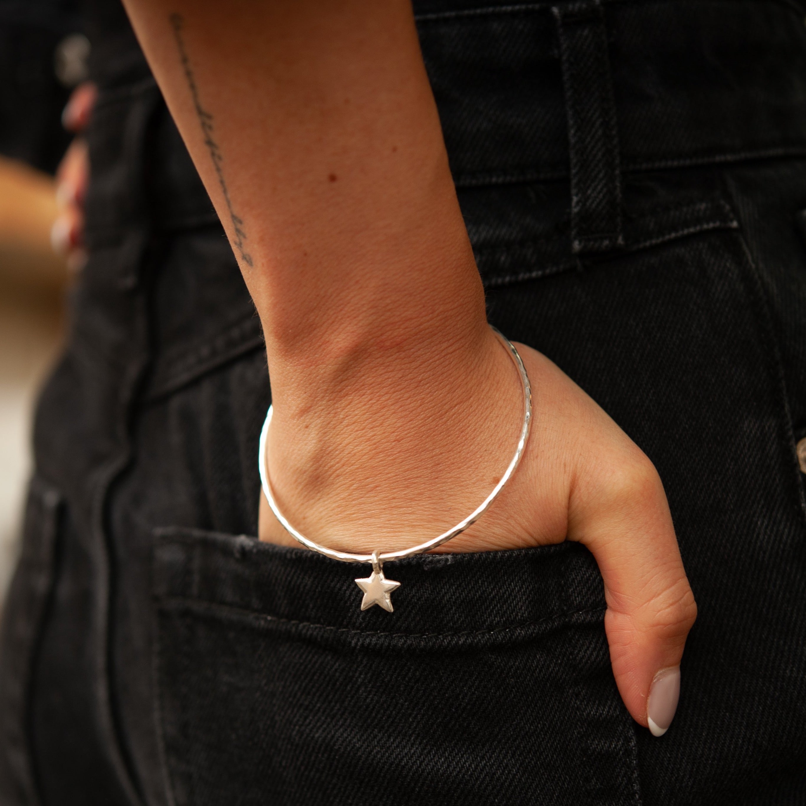 Sterling Silver Hammered Bangle with Mini Chunky Star Charm
