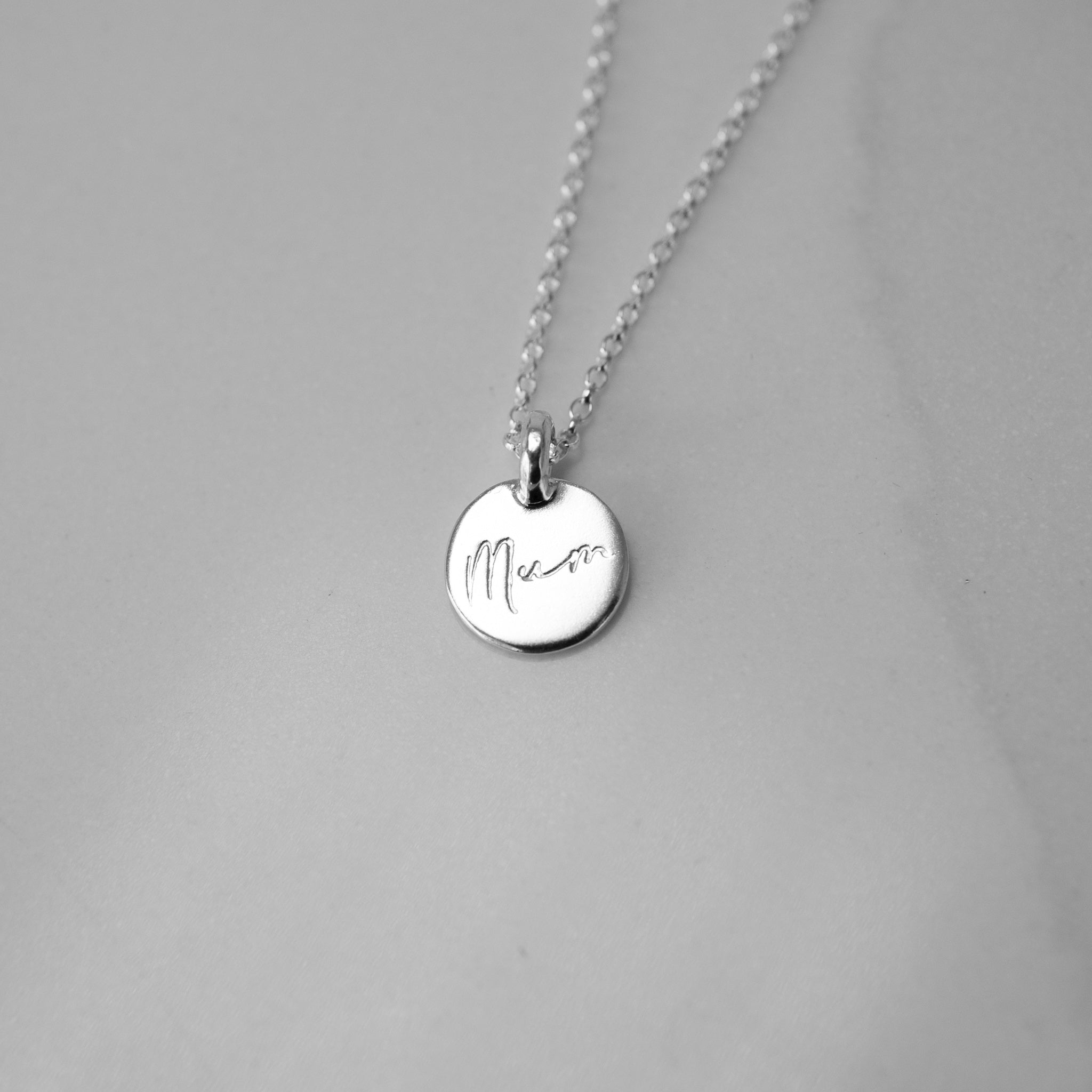 Sterling Silver Delicate Belcher Chain Necklace with Mum Writing Charm