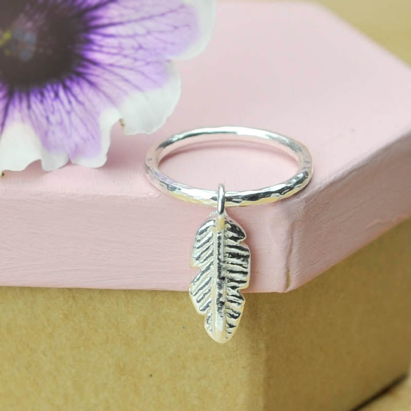 Belle & Bee 2mm Hammered Sterling Silver Stacking Ring with Mini Chunky Feather Charm