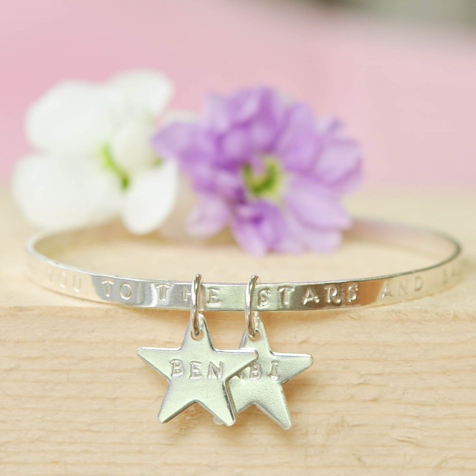 Personalised Standard Message bangle with 2 charms